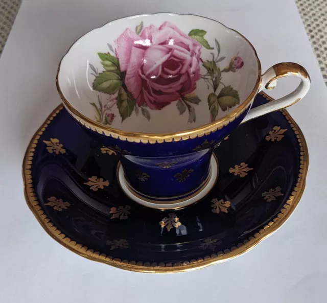 Rare Aynsley Tea Cup & Saucer Cobalt Blue Pink Cabbage Rose Fleur-De-Lis