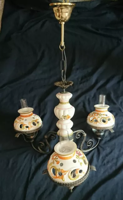 Vintage Metal & Ceramic Ceiling Light Chandelier 3 Arm Hand Painted French Style
