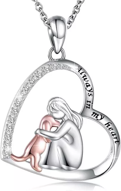 Sterling Silver Dog and Girl Love Heart Puppy Pendant Necklace for Women Girls