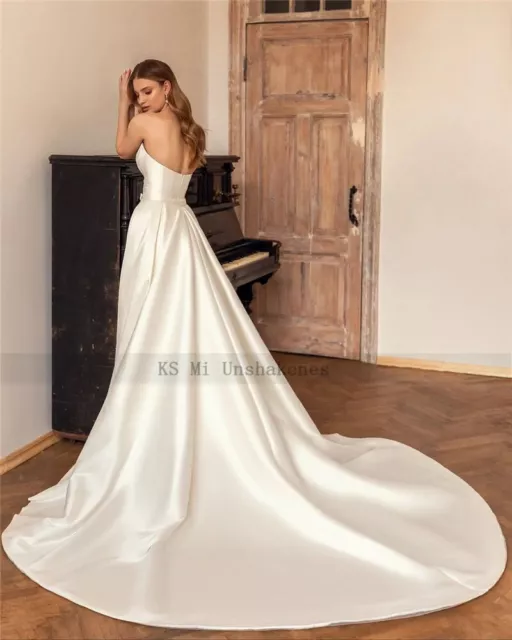 Ivory Detachable Train Wedding Dresses Mermaid Satin Church Bride gown strapless 2