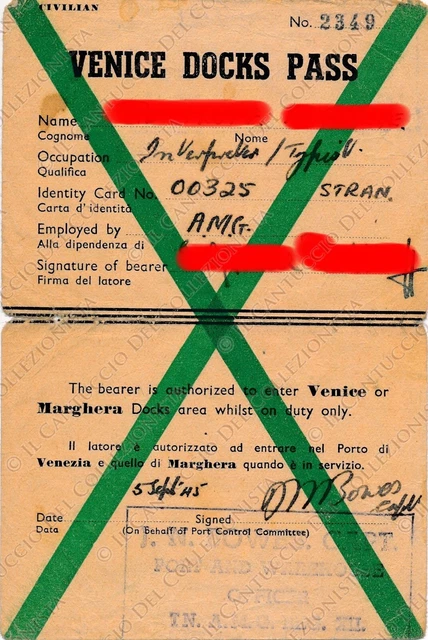 1945 Venice Docks Pass civilian Venezia Marghera porto permesso tessera