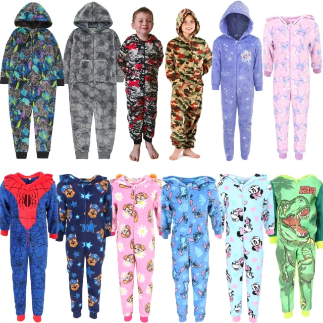 Kids All In One Fleece Pyjamas Girls/Boys Childrens Jumpsuit 2-13 Years