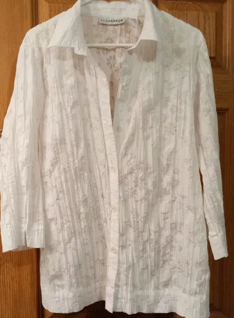 SAG HARBOR Womens WHITE Floral CRINKLE Button Down SHIRT Blouse TOP Size L NEW !