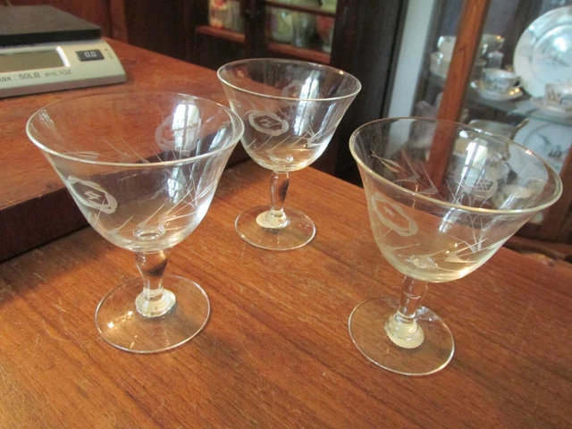 Set of 3 Clear Glass Etched Goblets Japan 3 7/8" Tall