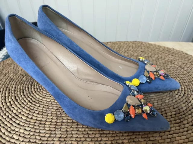 Rare JCrew COLLECTION Dulci Suede Kitten Heels Jeweled Womens 7.5 Blue Italy