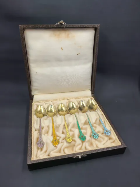 Bernard Meldahl Norway Gold Wash Enameled Sterling Demitasse Spoons, Set of 6