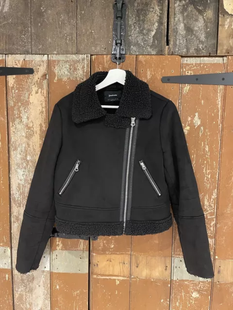 STRADIVARIUS WOMEN'S BLACK Biker Jacket Coat Inside Fleece Size EUR Small  £14.99 - PicClick UK