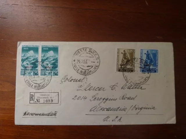 TRIESTE AMGFTT raccomandata Trieste 1953 a USA  4 val.(Agric.Montagna) gemelli