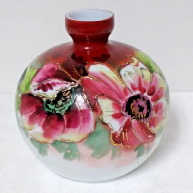 Antique Hand Painted Milk/Opal Glass Round Vase-Davis & Fehr Label - Ironwood MI
