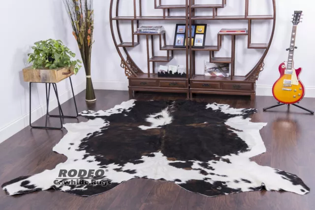 Extra Large Dark tricolor white belly cowhide rug genuine leather size 7X8