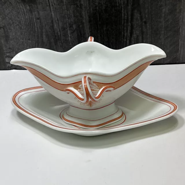 Old Paris Porcelain Handled Sauce Gravy Boat Peach Stripe & Under Plate