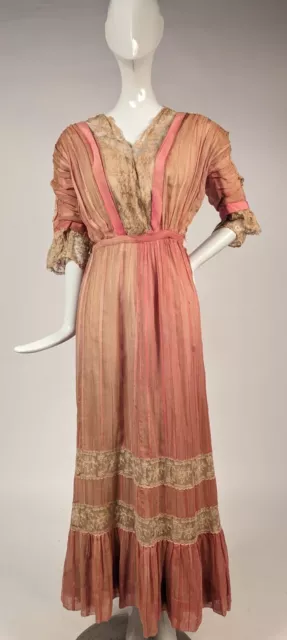 Edwardian Striped Pink Muslin Long Dress W Lace Trims