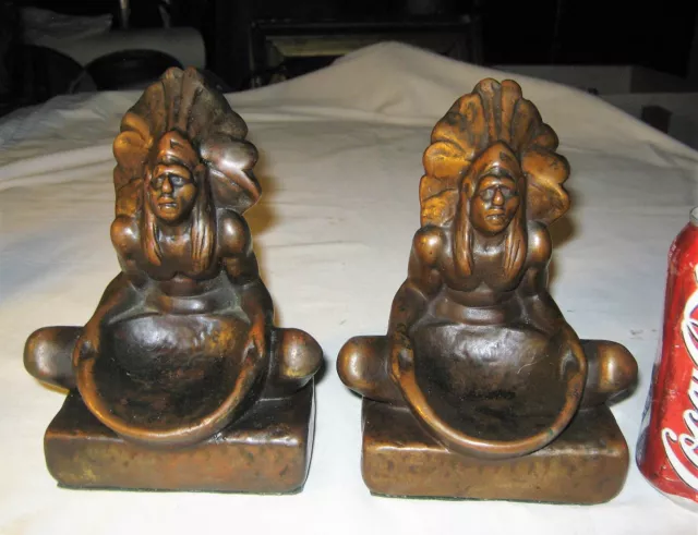 Antique Native American Indian Bronze Clad Art Statue Sculpture West Bookends