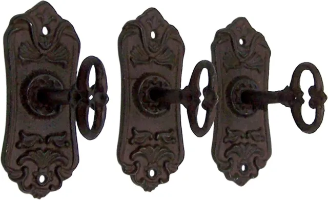 Vintage Looking Brown Cast Iron Key Shaped Door Handle Wall Hooks, Set of 3