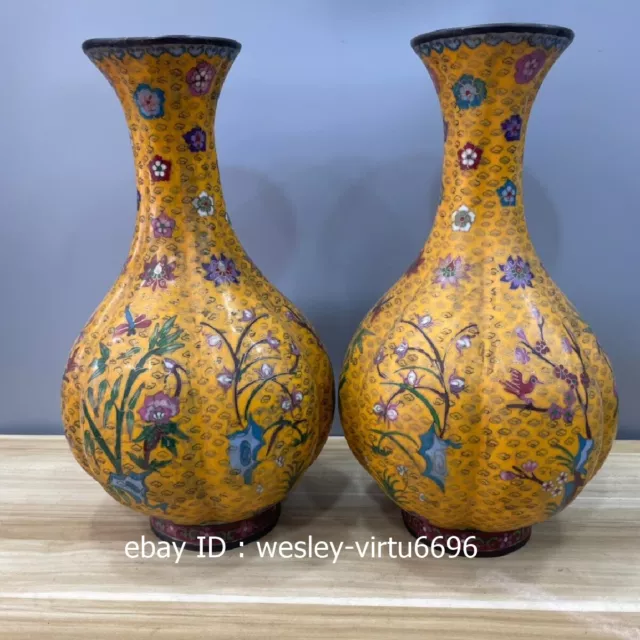 China Royal Palace Old Copper Cloisonne Enamel Handmade Orchid grass Vase Pair