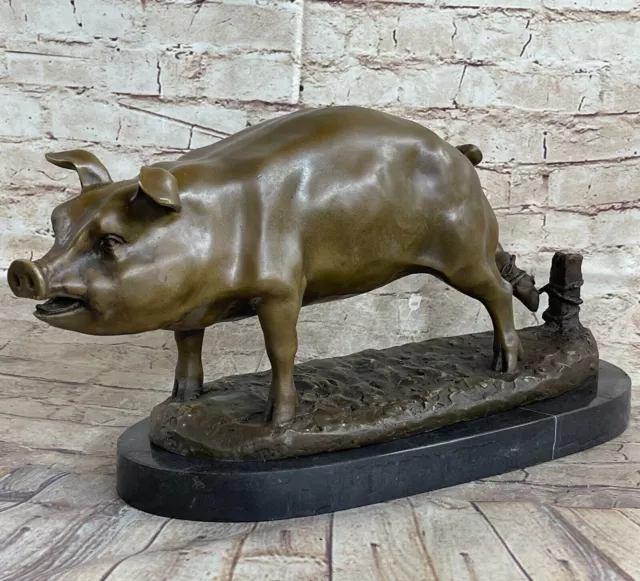 Bronze Sculpture de Collection Statue Animal Signée Happy Cochon Figurine Cadeau