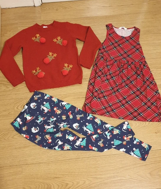 Pacchetto di ragazze abiti natalizi abito tartan maglione leggings età 8-9 H&M Next