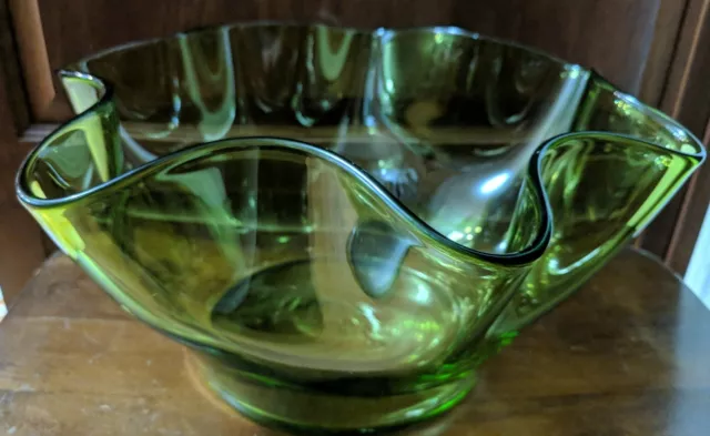Vintage Glass Ruffle Bowl Green Hand Blown Large Art Glass Ruffled Edge Bowl