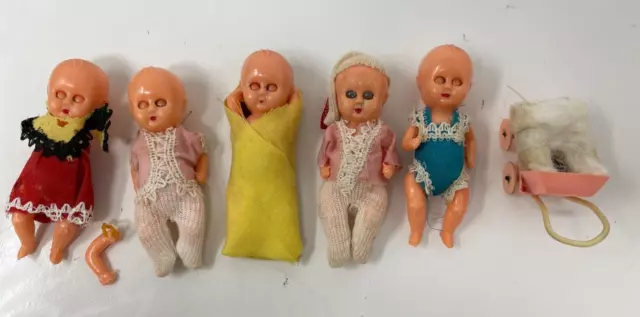 5 Antique Celluloid Plastic Miniature Baby Dolls Open Close Eyes