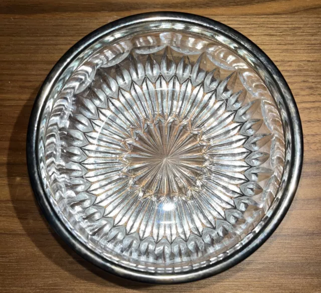 Vintage Crystal Cut Glass Bowl With Metal Rim Star Flower Pattern 5”