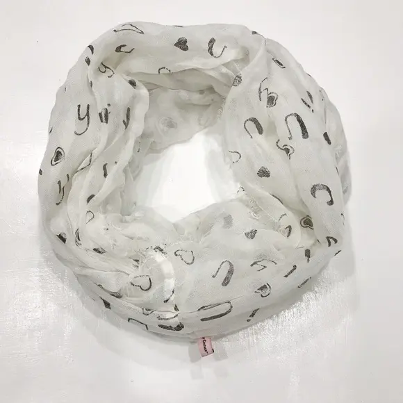 Juicy Couture Infinity Scarf Ivory Heart Prints OS Silver Loop
