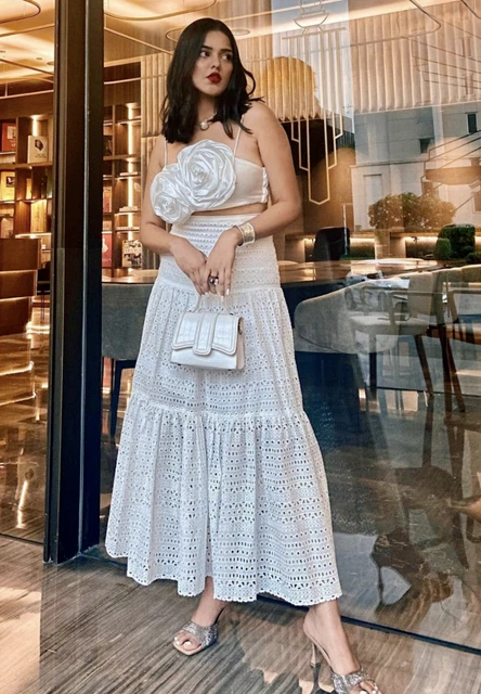 ZARA HIGH WAISTED Long White Cutwork Embroidered Midi Maxi Skirt Size XL Blogger 45.00 PicClick UK