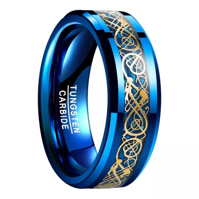 8MM Blue Tungsten Ring Celtic Dargon Classic Men Women Engagement Gift Jewelry