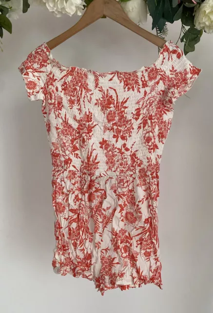 Influence Playsuit Size 8 White Coral Floral Shirred Playsuit New KY67