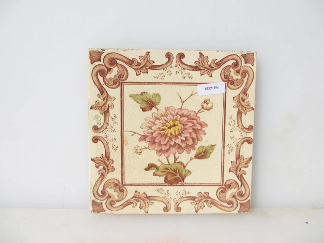 Antique Ceramic Tile Vintage Floral Art Nouveau Flowers Old Leaf