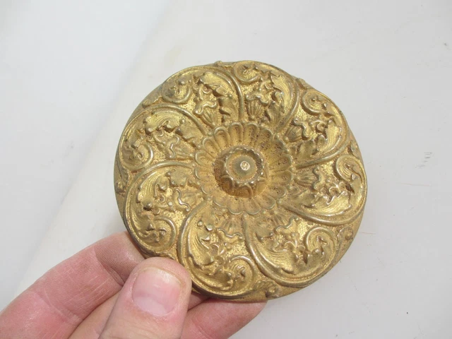 Victorian Brass Antique Old Flower Plate Ormolu Mount Rococo Floral Hardware 4"W