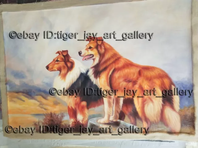 Two Border Collie Dogs in Landscape Dog Animal Pet Portect Couple Oil Painting