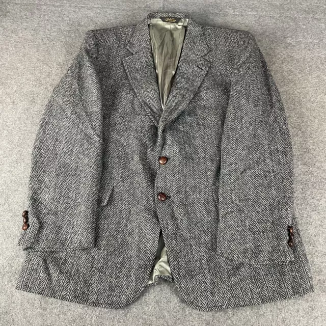 HARRIS TWEED Jacket Mens 40R Grey Herringbone Weave Blazer Coat Vtg EXCELLENT