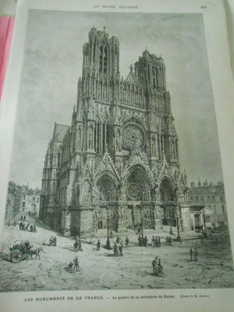 Gravure 1876 - Le portail de la Cathédrale de Reims