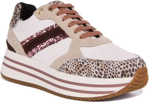 GEOX D Kency Femmes Dentelle Plateforme Brillant Baskets en Taupe Taille UK 3 -