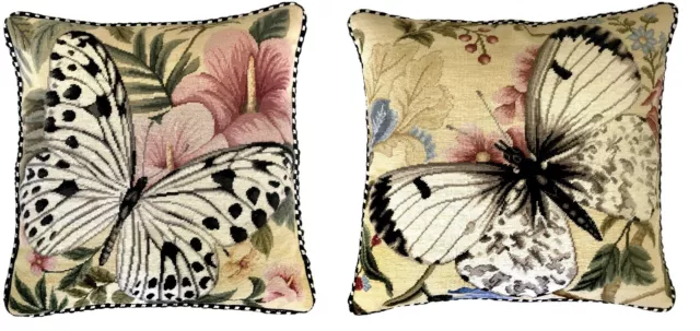 Pair of Needlepoint Pillows 16x16 Butterfly 4 Chair Couch Sofa Bed Window Seat