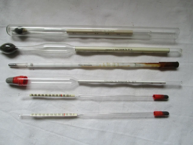 5 Aräometer Zucker Ammoniak 1 Jena Glas Vintage , alt, mit 4 Hüllen