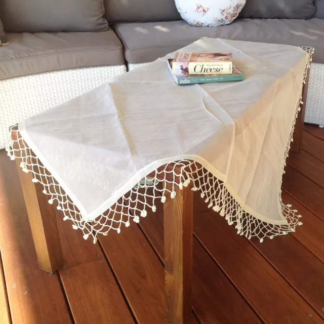 Cream organdy table topper with crochet edge tablecloth 110 x 110 cms