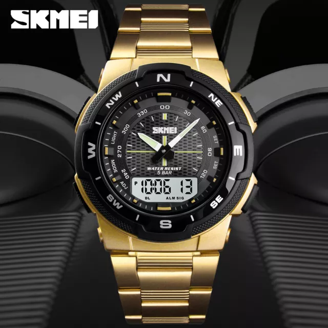 SKMEI Edelstahl Herrenuhr Wasserdichte Dual Time Sports Armbanduhr 1370 Digital