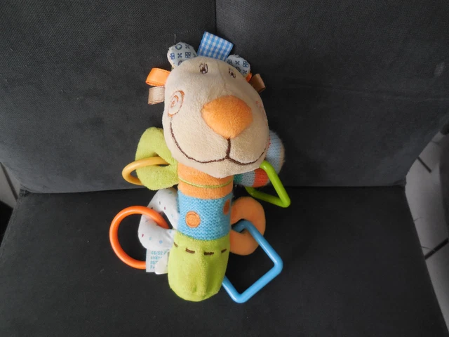 doudou peluche hochet pouet activité lion orange bleu BABY NAT'