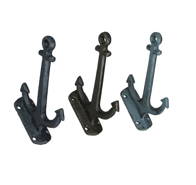 Set of 3 Cast Iron Ship Anchor Wall Hooks Nautical Decorative Towel Hat Hangers