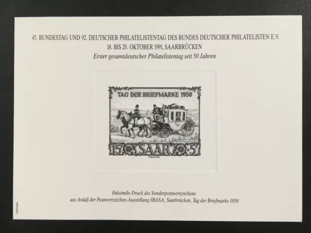 BRD AUSSTELLUNGS-BLOCK 1991 SAARBRÜCKEN IBASA SAAR TAG DER MARKE 1950 291 h6552