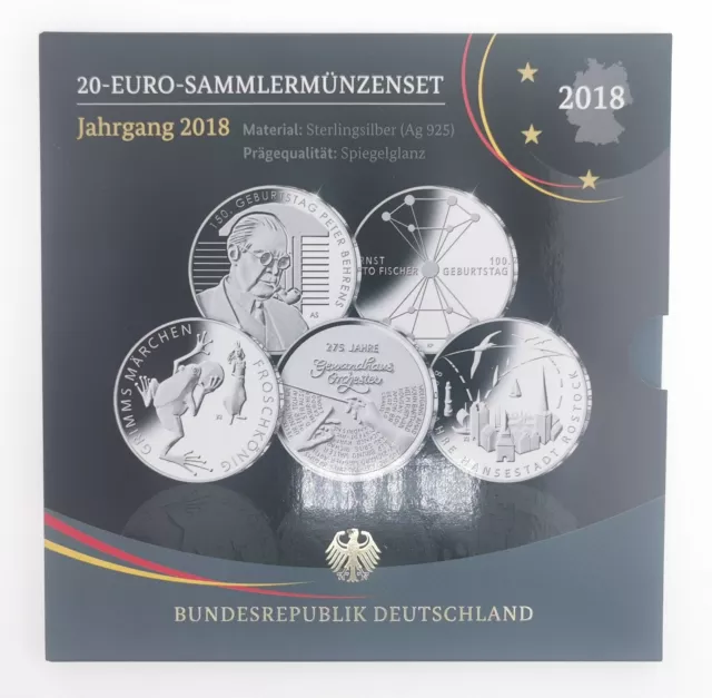 BRD - 5 x 20 Euro Sammlermünzen Set 2018 - Sterlingsilber Spiegelglanz OVP