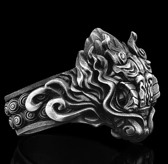 Mens solid sterling 925 silver Asian Chinese Lucky Dragon Head Statement Ring