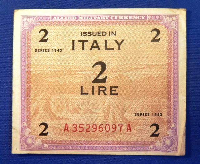 Italy  2  Lire  Series  of 1943  Block  A  WWII Issue - Circulated Banknote