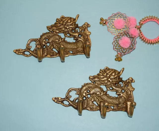 Chinese Dragon Brass Coat Hook Asian Serpent Wall Hanging Set of 02 Pieces HK200