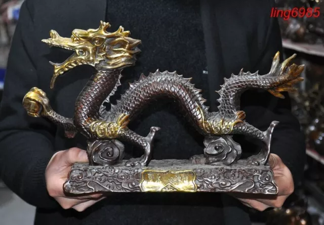 Chinese ancient bronze gilt fengshui wealth lucky animal Loong dragon statue