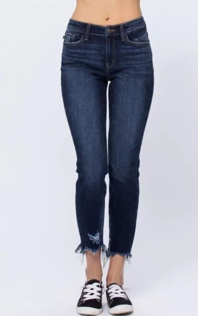 Judy Blue Mid Rise Destroyed Slim Fit Dark Wash Denim Jeans Raw Hem Sz 9/29