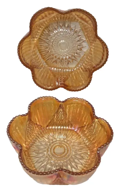 Vintage Carnival Orange Iridescent Glass Bowls x2 Art Deco Style Bundle Job Lot