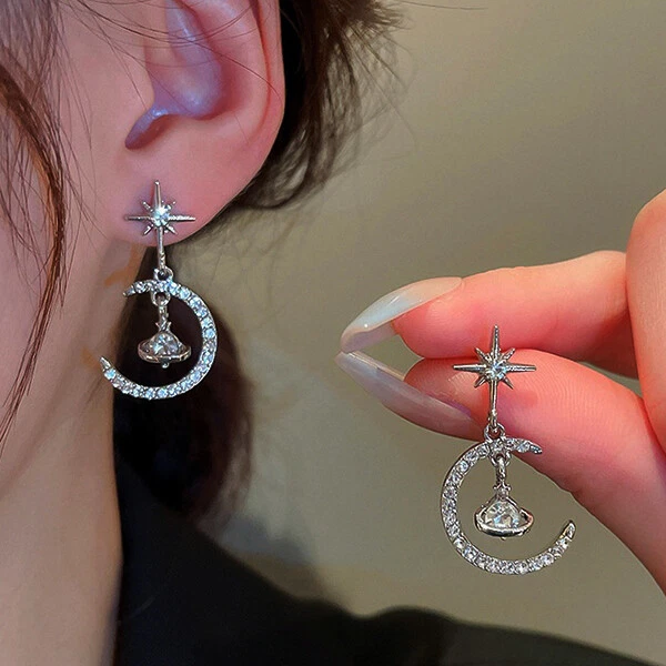 Fashion 925 Silver Star Moon Crystal Dangle Drop Earrings Womens Jewellery Gifts