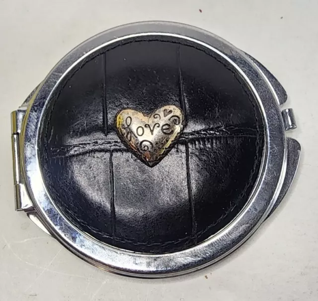 Brighton Love Beat Compact Mirror w Black Leather & Sculpted Heart says "Love"